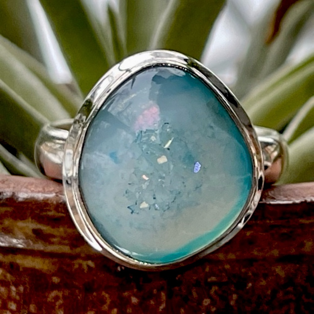 Marine Blue Aura Druzy Gemstone Sterling Silver Ring | sz 8